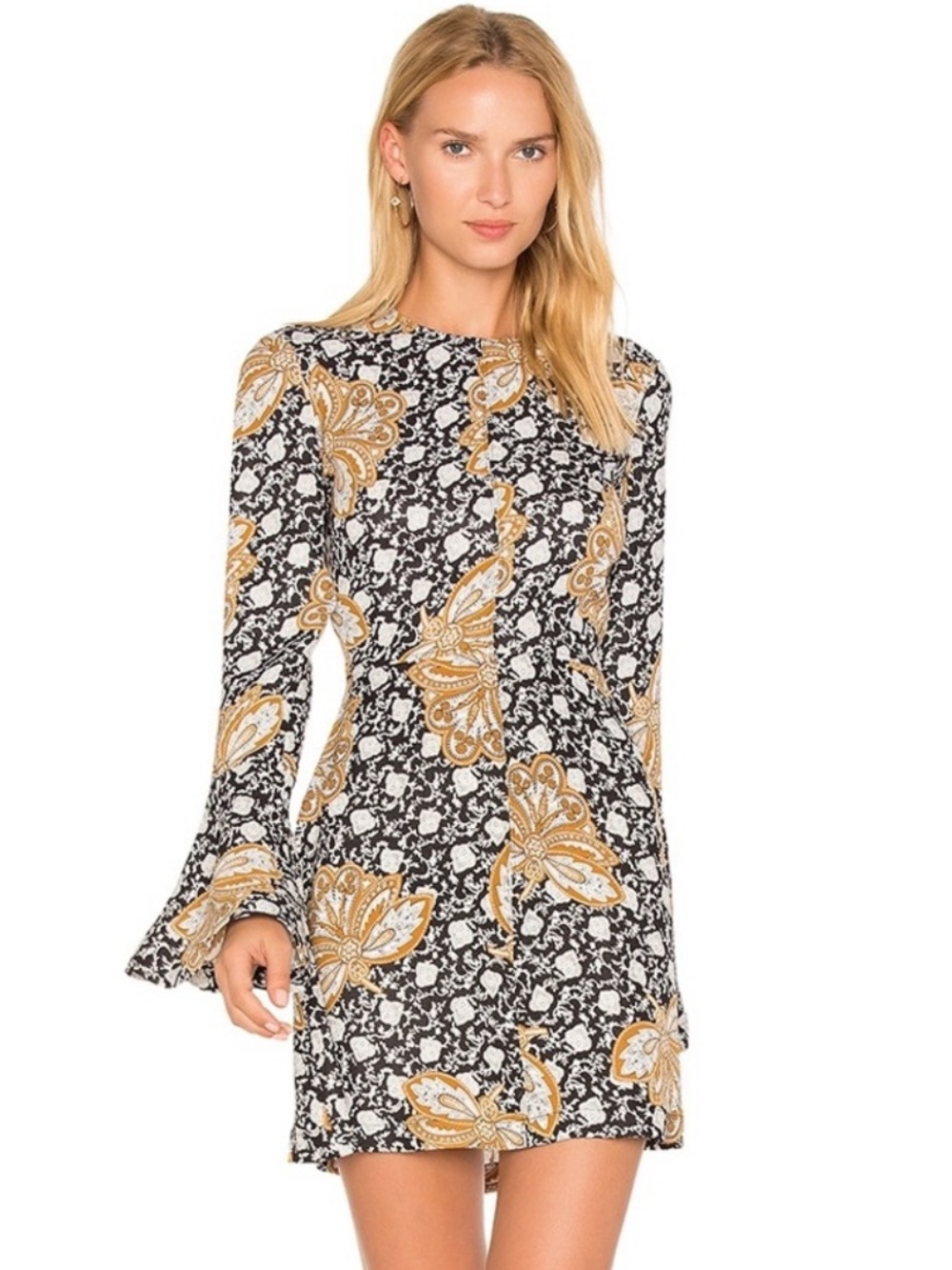 A.L.C. Trixie Silk Bell Sleeve Mini Dress in Black White & Camel Long Sleeve